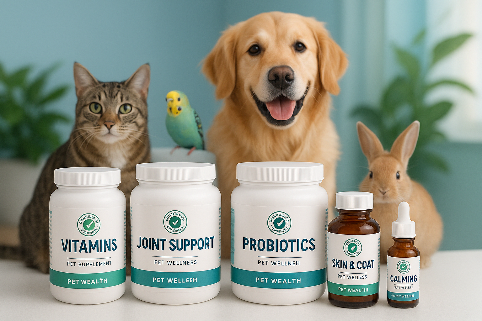 Keep your pets in peak condition with our selection of vitamins, joint support, probiotics, and wellness products. Veterinarian-approved supplements for dogs, cats, birds, and small animals.